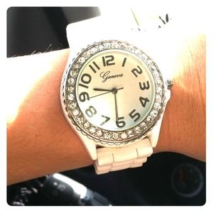 White watch with silver diamonds