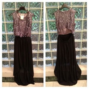Sequined high/low, open back cocktail dress