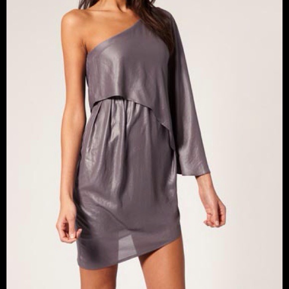Wet look, one shoulder grey dress
