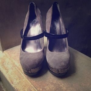 Jessica Simpson snakeskin, grey Mary Jane pumps