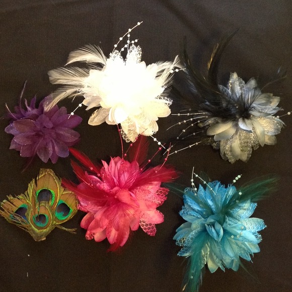 6 Flower Feather Hair Clips/Pins