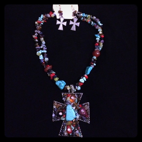 Turquoise & Multi-Stone Cross Necklace & Earrings