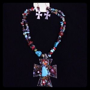 Turquoise & Multi-Stone Cross Necklace & Earrings