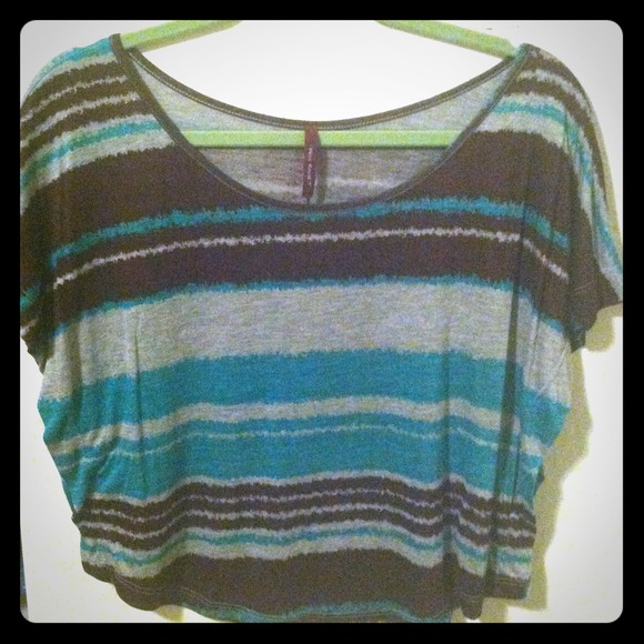 Gray shirt with brown and teal stripes