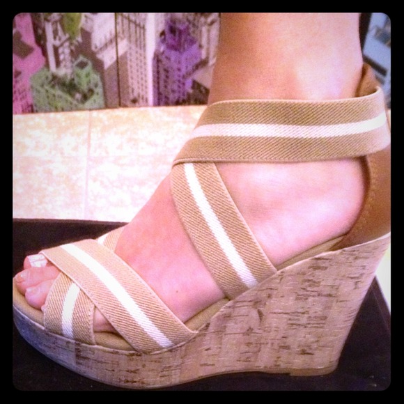 Worn once! White/tan, size  5.5 wedges