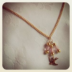 Gold Plated Beads and Bird Pink Quartz Necklace