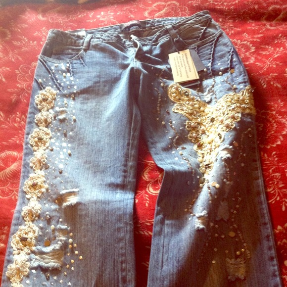 Rhinestone, pearls & sequin jeans