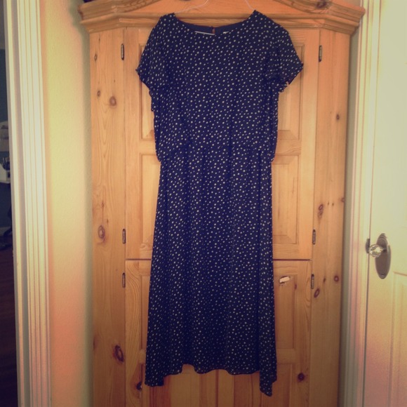 Silk dress navy with taupe dots.