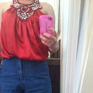 Red beading neck tie top