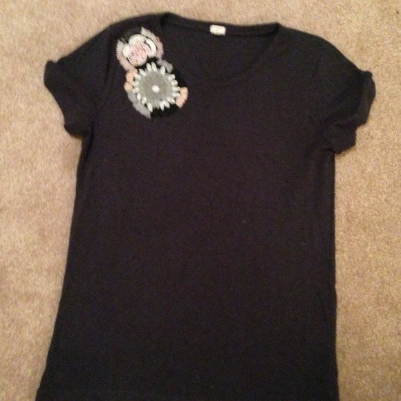 Charcoal color top with beaded flowers