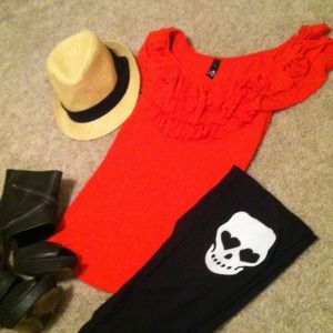 Red ruffled neckline top