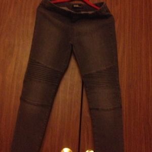 Gray faded wash Moto pull on denim jeans