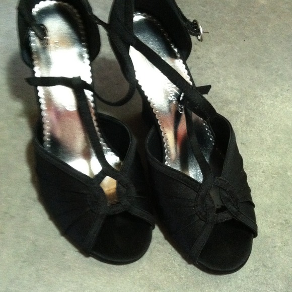 Black formal wedges with pale pink top in closet