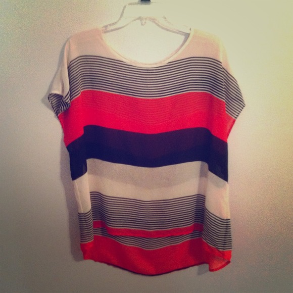 Black, red, white striped sheer shirt