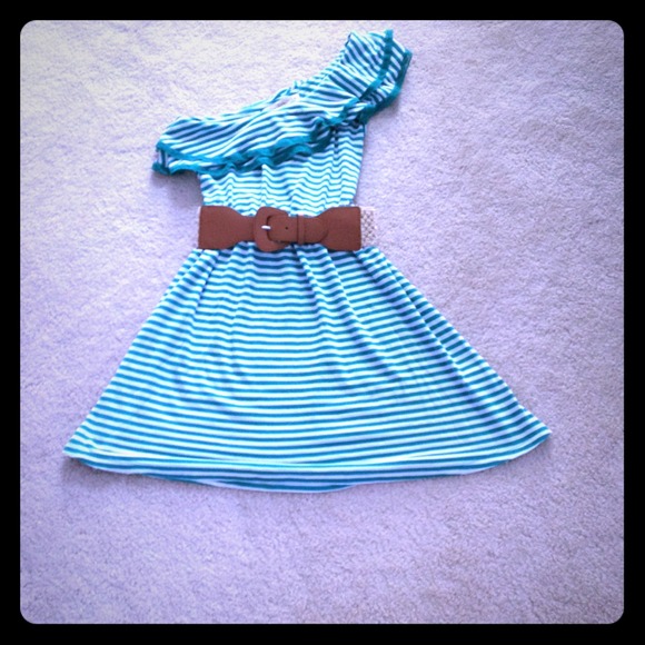 Aqua and white ruffled off the shoulder dress