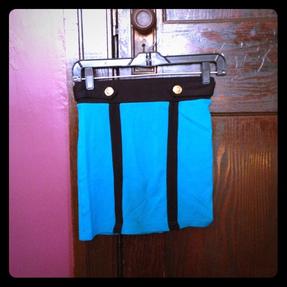 Bright Blue Pencil Skirt with Gold Military Button
