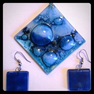 Glass pendant and earring and ring set.