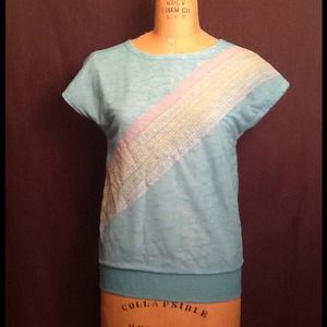 Aqua-blue Rainbow Lace-trim Top