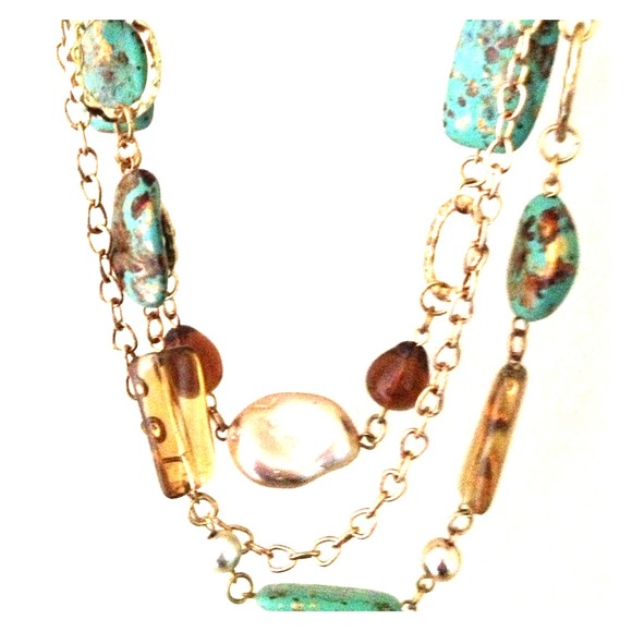 Teal and gold beaded chain necklace