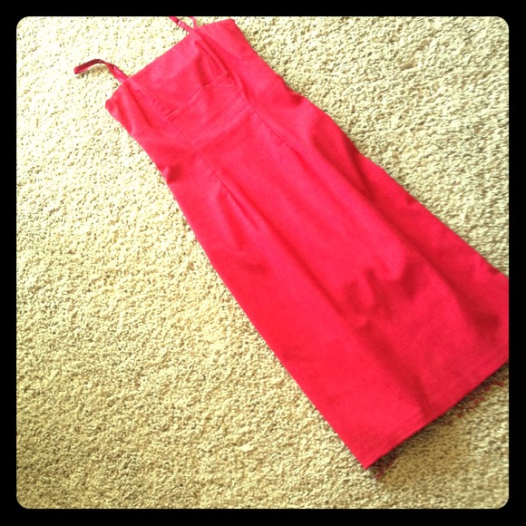 Red tea length pencil dress with beaded bottom