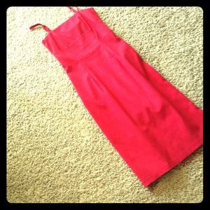 Red tea length pencil dress with beaded bottom