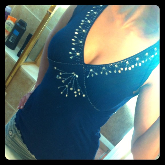Navy blue top with beading on the front