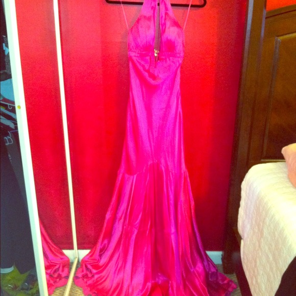 Hot pink open back prom dress