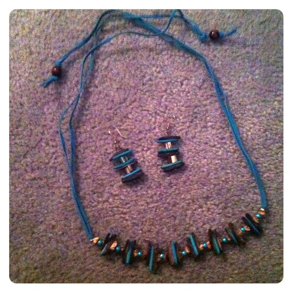 Bead and wood necklace and earrings.