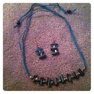 Bead and wood necklace and earrings.