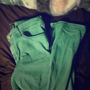 Teal skinny jeans.