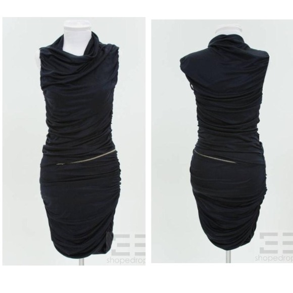 Wayne- Navy Jersey Silk Ruched Zipper Waist Dress