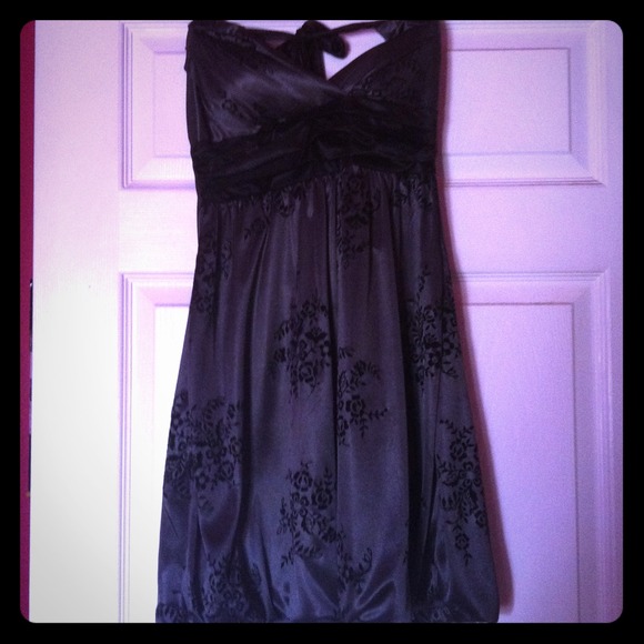 Grey halter dress with black floral details