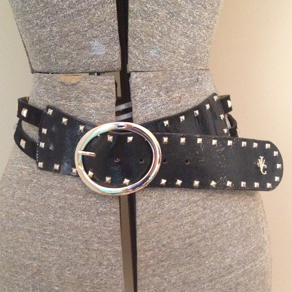 Versace Black Patent & Suede Gold Studded Belt