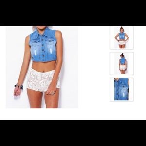 Denim Ripped jeweled crop jean vest