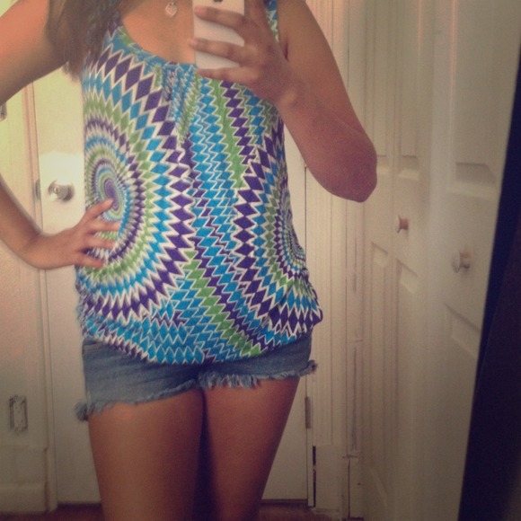 geometric blue purple and green shirt