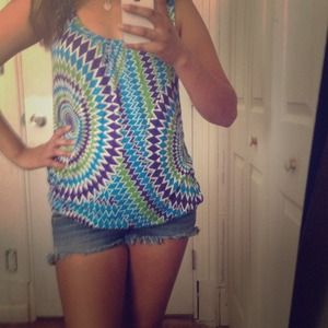 geometric blue purple and green shirt