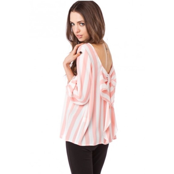 Tops - Pink Stripe Bow Back Chiffon Blouse