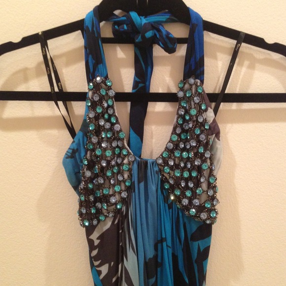 Sky blue-toned halter dress with floral lead print