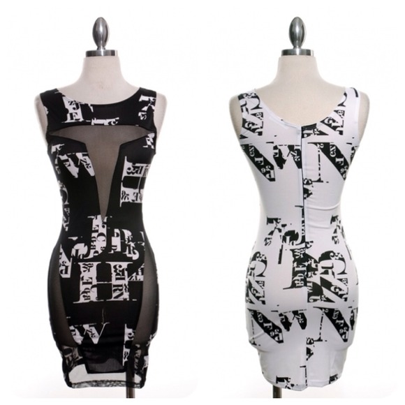 Letter print dress with sheer insert panels.