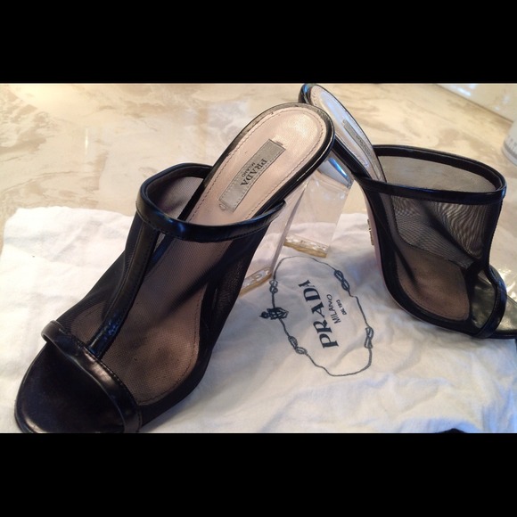 Blk mesh & lucite Prada slides