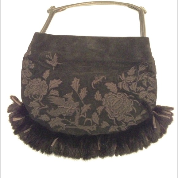 Natori Black Suede Embroidered SB w/Rabbit Trim