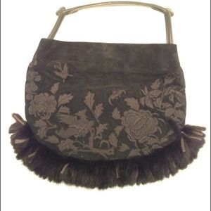 Natori Black Suede Embroidered SB w/Rabbit Trim