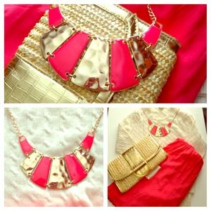Color block Hot pink and gold tone Necklace