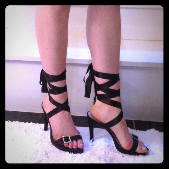 Shoes - Black Dance lace up ribbon & crystal buckle heels