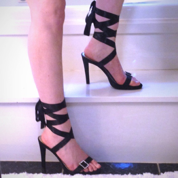 Black Dance lace up ribbon & crystal buckle heels - Picture 2 of 4