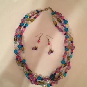 3-Strand Multicolored Beaded Necklace & Earrings