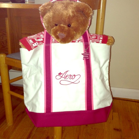 NEW White and pink canvas tote book bag FREE bear!