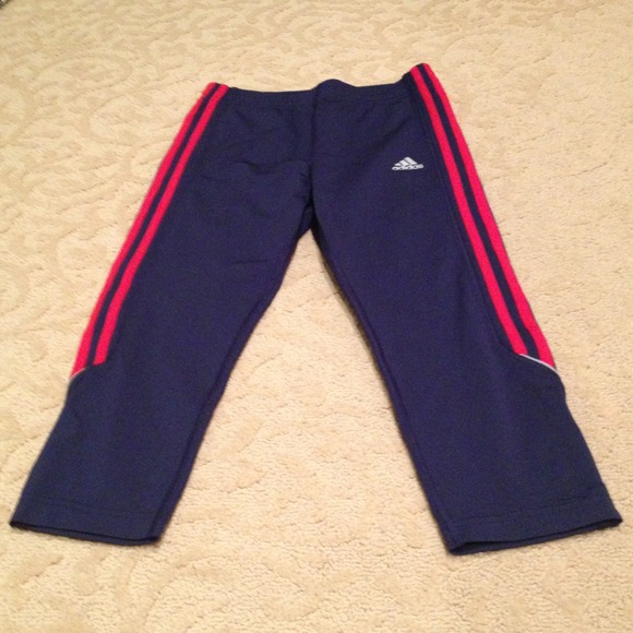 Adidas Pants - Adidas workout capris navy blue and red stripes