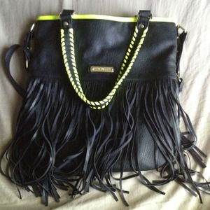 Fringe detail black leather with line green trim