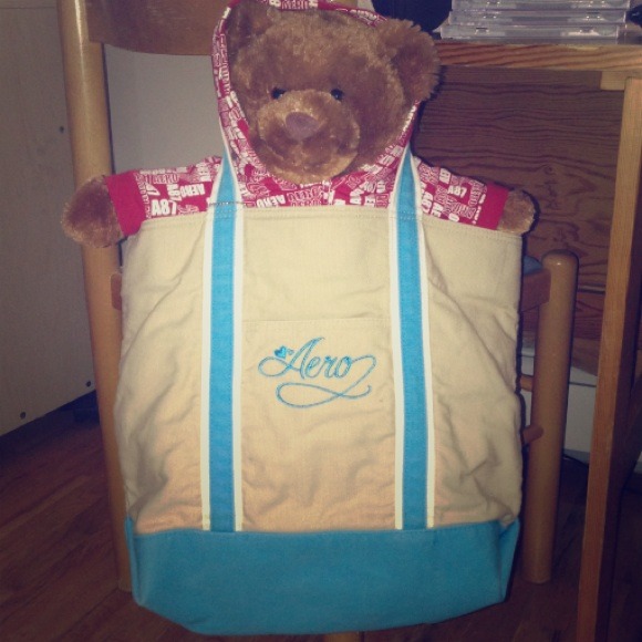 Blue and beige canvas tote book bag & FREE bear!